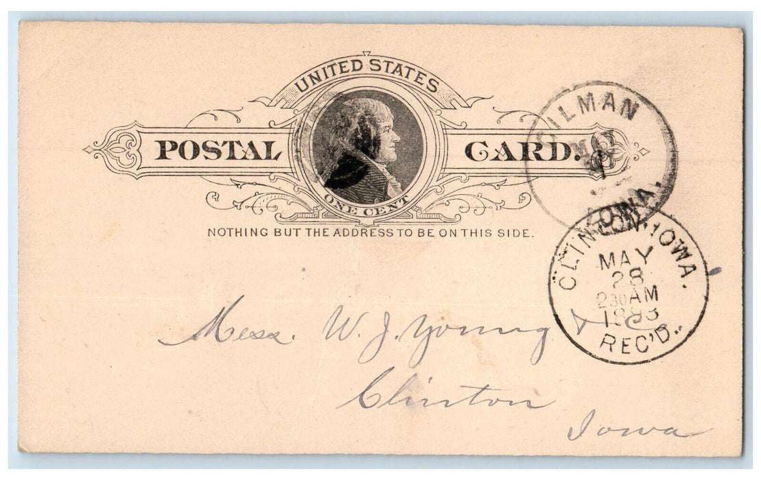1893 WJ Young & Co. H.I. Smith Lumber Gilman Iowa Clinton IA Postal Card