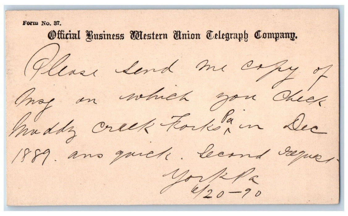 1890 Western Union Telegraph Co Waynesboro Pennsylvania PA York PA Postal Card