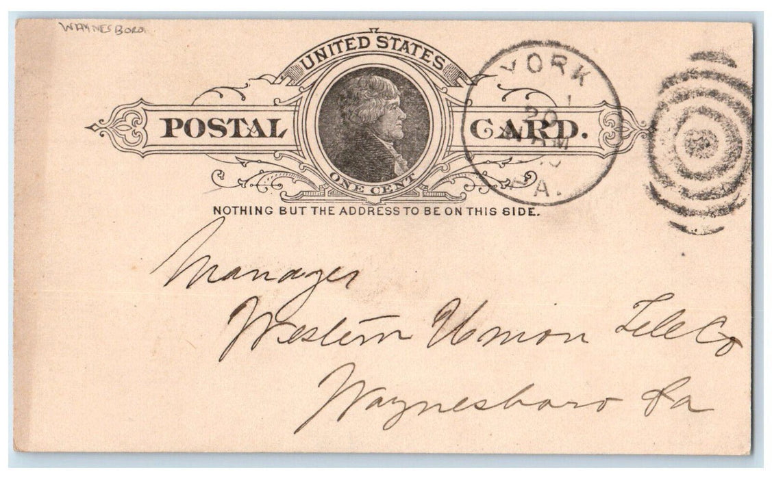 1890 Western Union Telegraph Co Waynesboro Pennsylvania PA York PA Postal Card