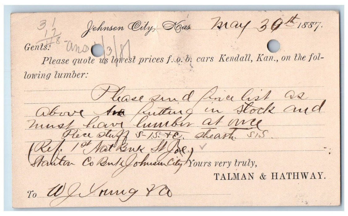 1887 Talman & Hathway Johnson City Kansas KS Clinton Iowa IA Postal Card