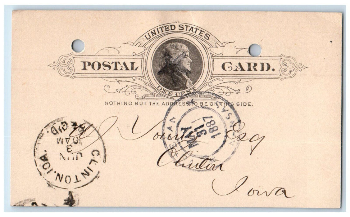 1887 Talman & Hathway Johnson City Kansas KS Clinton Iowa IA Postal Card