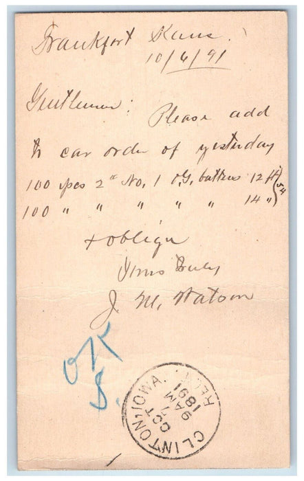 1891 Lumber Order JM Matom Frankfort Kansas KS Clinton IA Postal Card