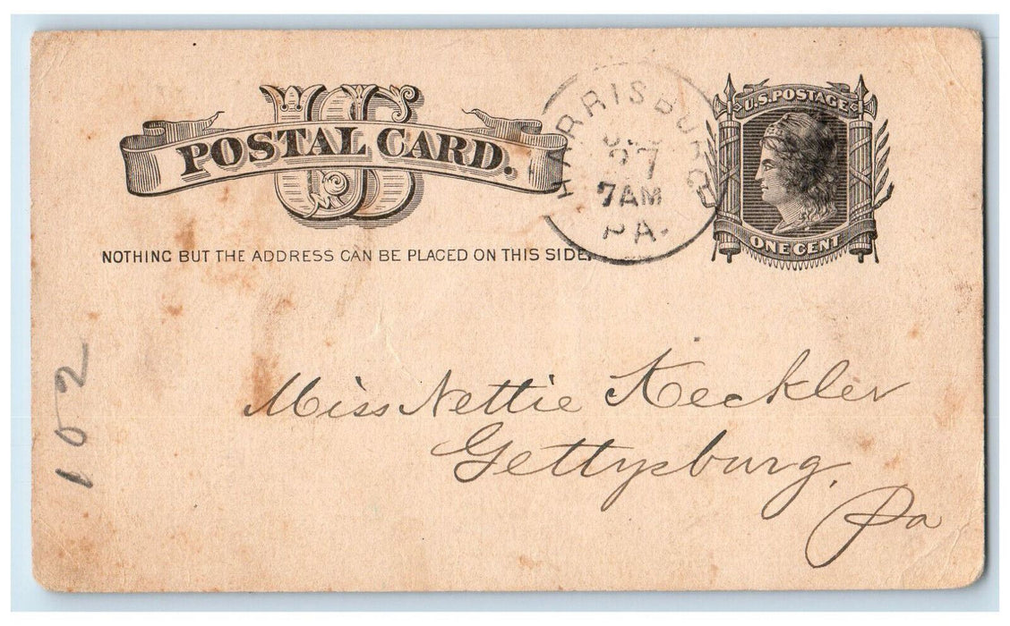 1883 JM Miller Nettie Harrisburg Pennsylvania PA Clinton Iowa IA Postal Card