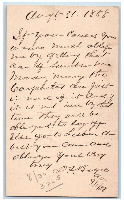 1888 Lumber Order Carpenters Mount Vernont IA Clinton IA Antique Postal Card