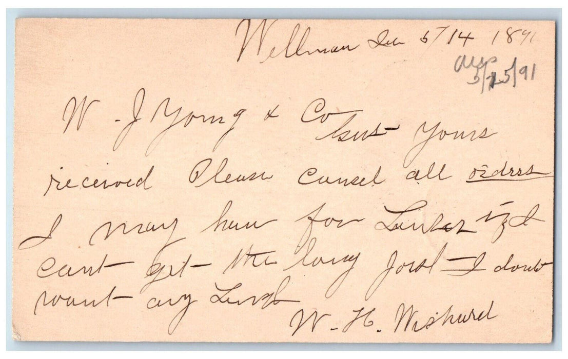 1891 WH Nishurel WJ Young & Co. Wellman Iowa IA Clinton IA Postal Card