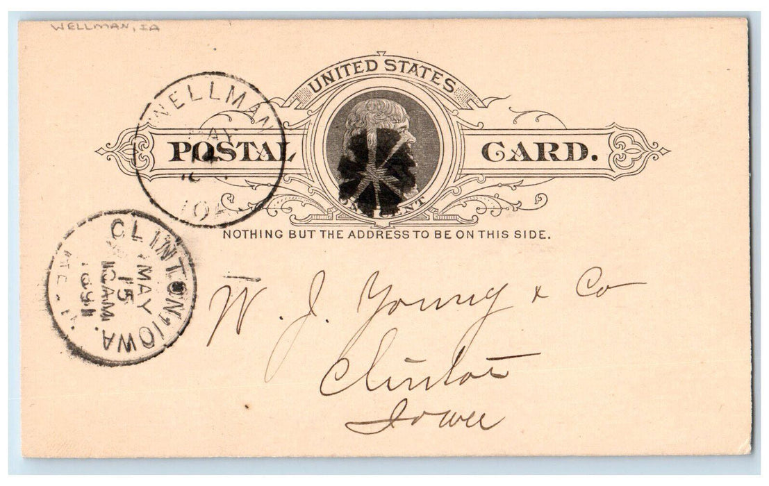 1891 WH Nishurel WJ Young & Co. Wellman Iowa IA Clinton IA Postal Card