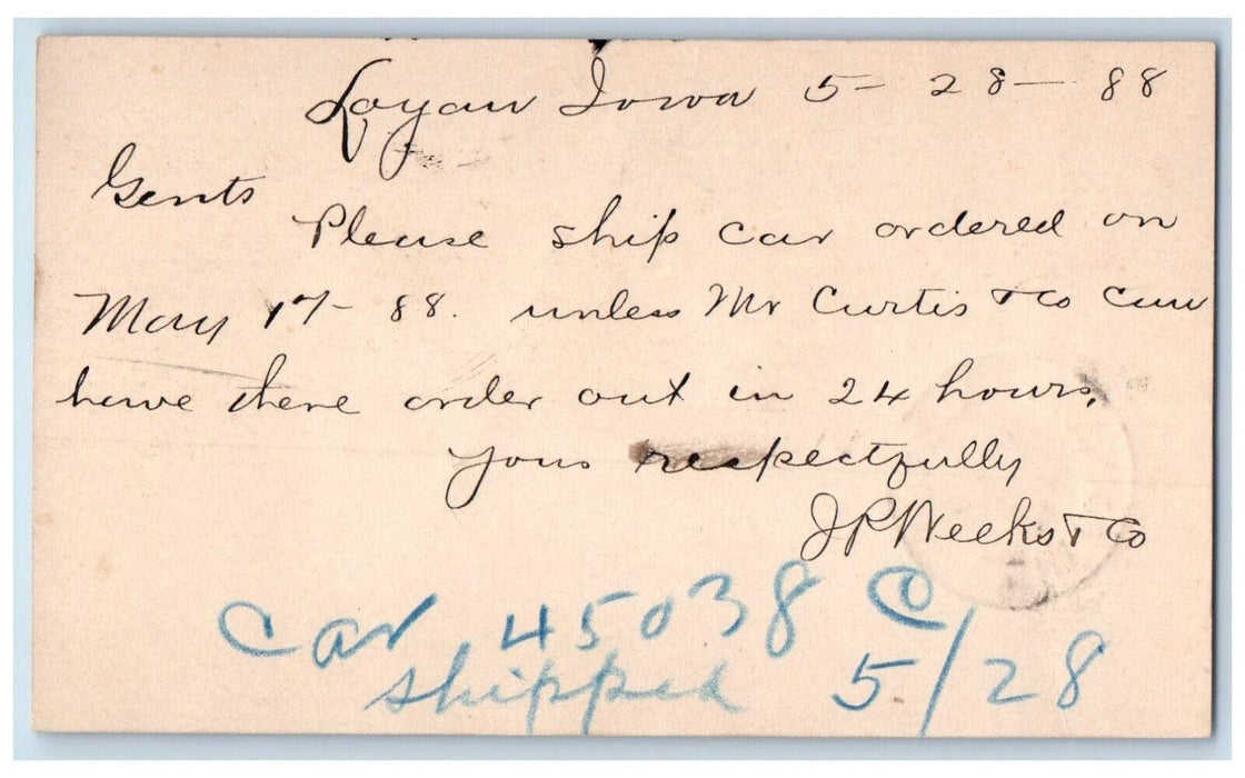 1888 Car 45038 Shipped Logan Iowa IA Clinton IA Antique Posted Postal Card