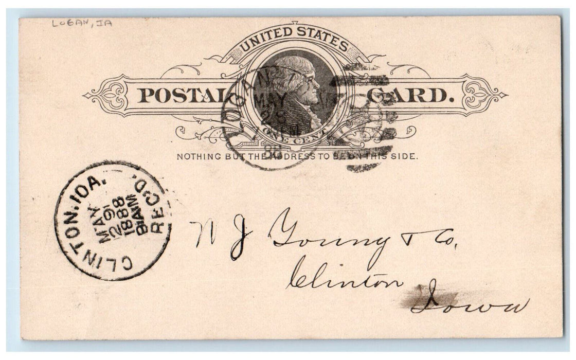 1888 Car 45038 Shipped Logan Iowa IA Clinton IA Antique Posted Postal Card