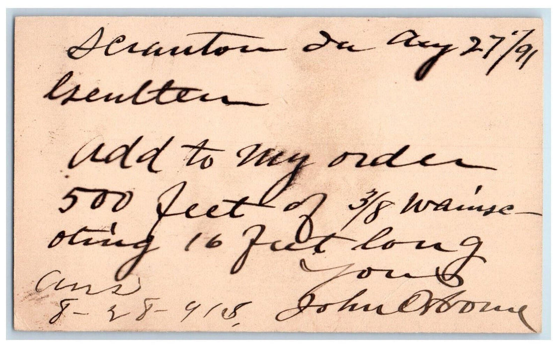 1891 Lumber Order Scranton Iowa IA Clinton IA Antique Posted Postal Card