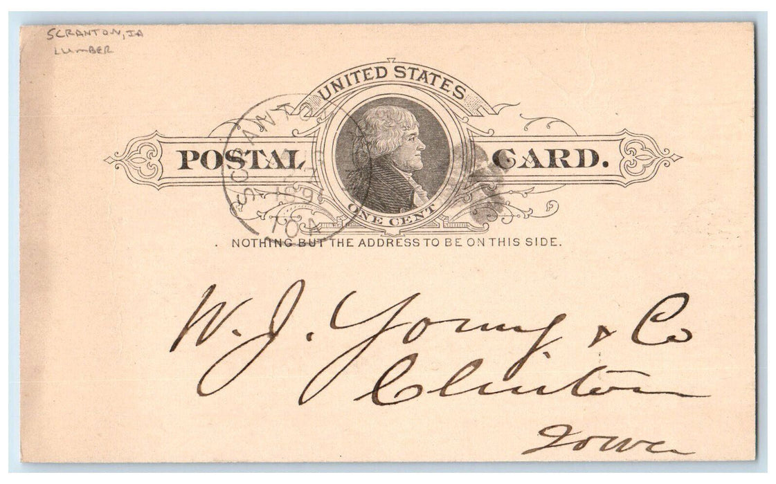 1891 Lumber Order Scranton Iowa IA Clinton IA Antique Posted Postal Card