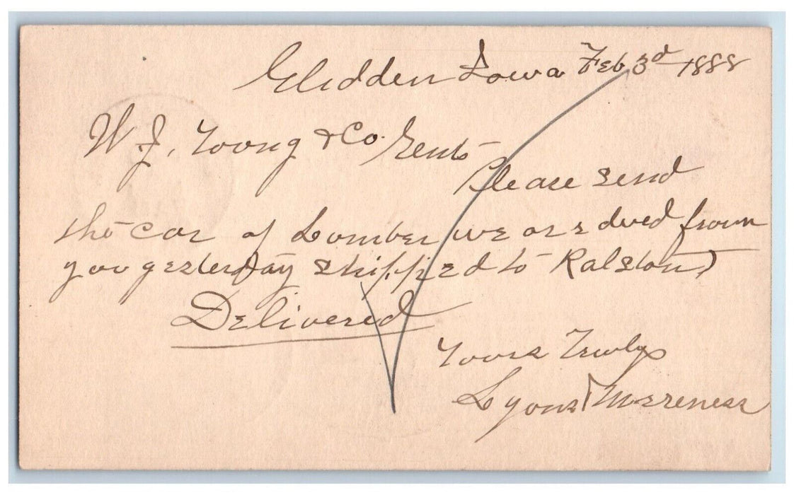 1888 Send Car of Lumber Glidden Iowa IA Clinton IA Antique Postal Card