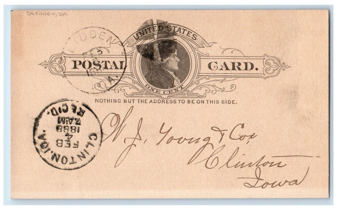 1888 Send Car of Lumber Glidden Iowa IA Clinton IA Antique Postal Card