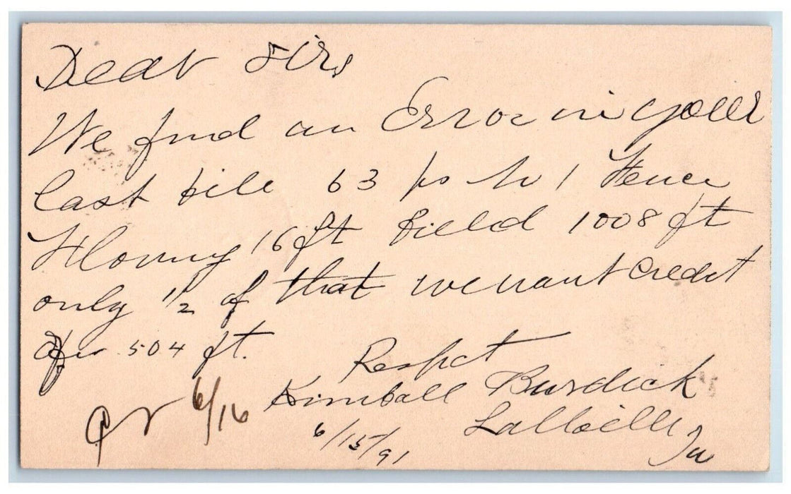 1891 Errors Found Lumber Credit Lamoille Iowa IA Clinton IA Postal Card
