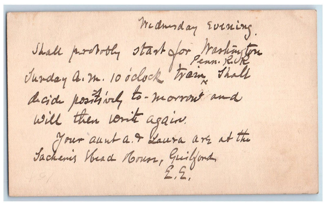 1887 Wednesday Evening Washington R.R. Dr. G Eliot New York City NY Postal Card