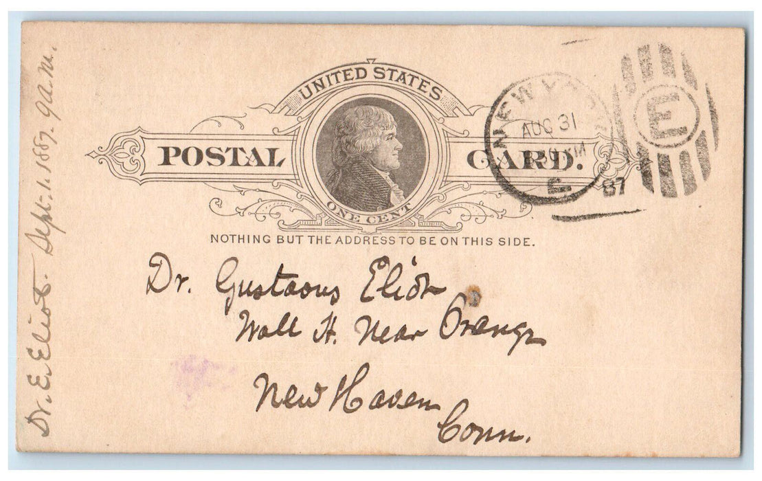 1887 Wednesday Evening Washington R.R. Dr. G Eliot New York City NY Postal Card