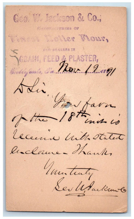 1891 Geo W. Jackson & Co. Doller Flour Bellefonte Pennsylvania PA Postal Card