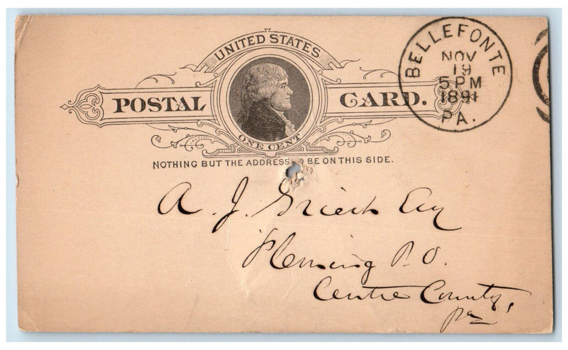 1891 Geo W. Jackson & Co. Doller Flour Bellefonte Pennsylvania PA Postal Card