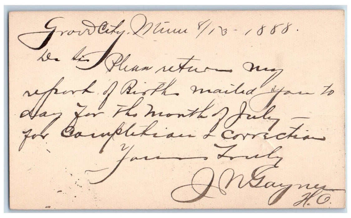 1888 Return Birth Mailed Grove City Red Wing Minnesota MN Postal Card