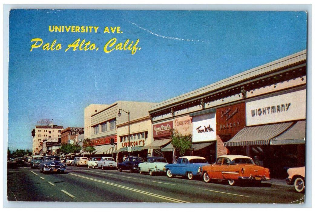 University Ave. Bakery Stores Shops Car-lined Palo Alto California CA Postcard