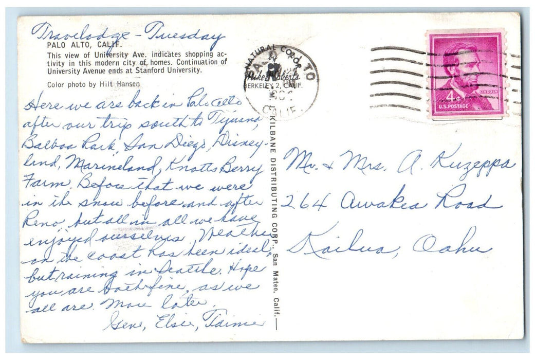 University Ave. Bakery Stores Shops Car-lined Palo Alto California CA Postcard