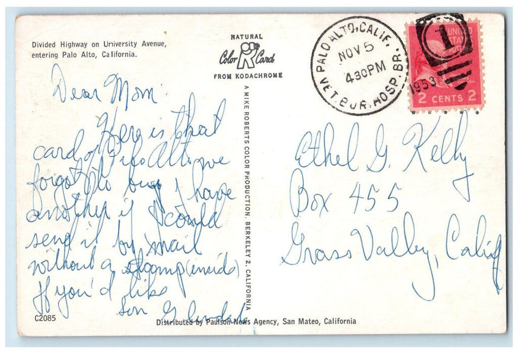 1953 Divided Highway On University Avenue Palo Alto California CA Postcard