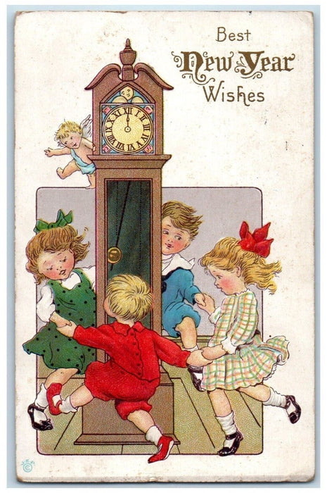 1921 New Year Wishes Children Playing Angel Behind Clock Embossed Postcard