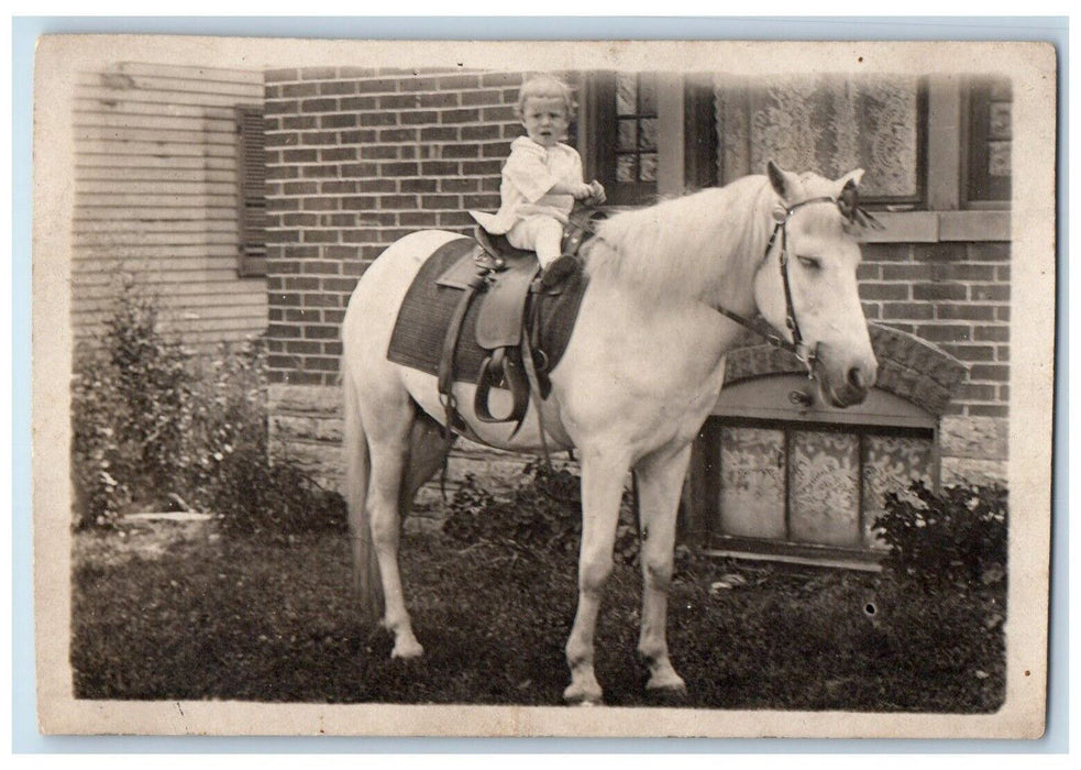 c1910's Candid Child Boy White Horse Saddle Ohio OH RPPC Photo Postcard