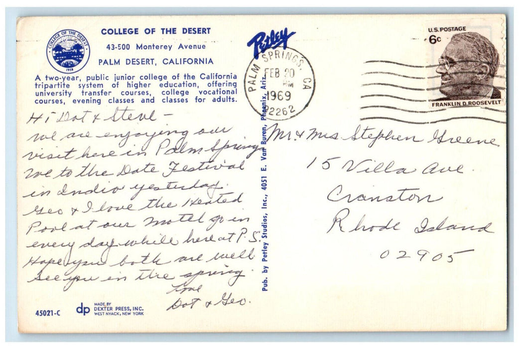 1969 College Of The Desert Tree-lined Palm Desert Palm Springs CA Postcard