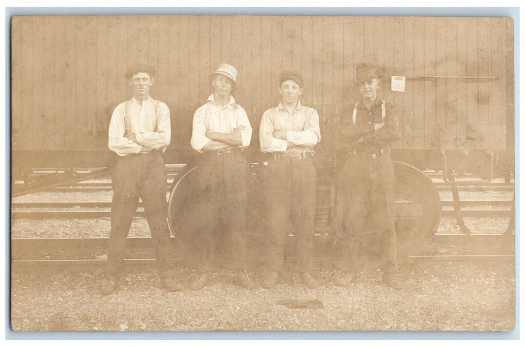 c1910's Candid Railroad Workers Employees Train Tracks  RPPC Photo Postcard
