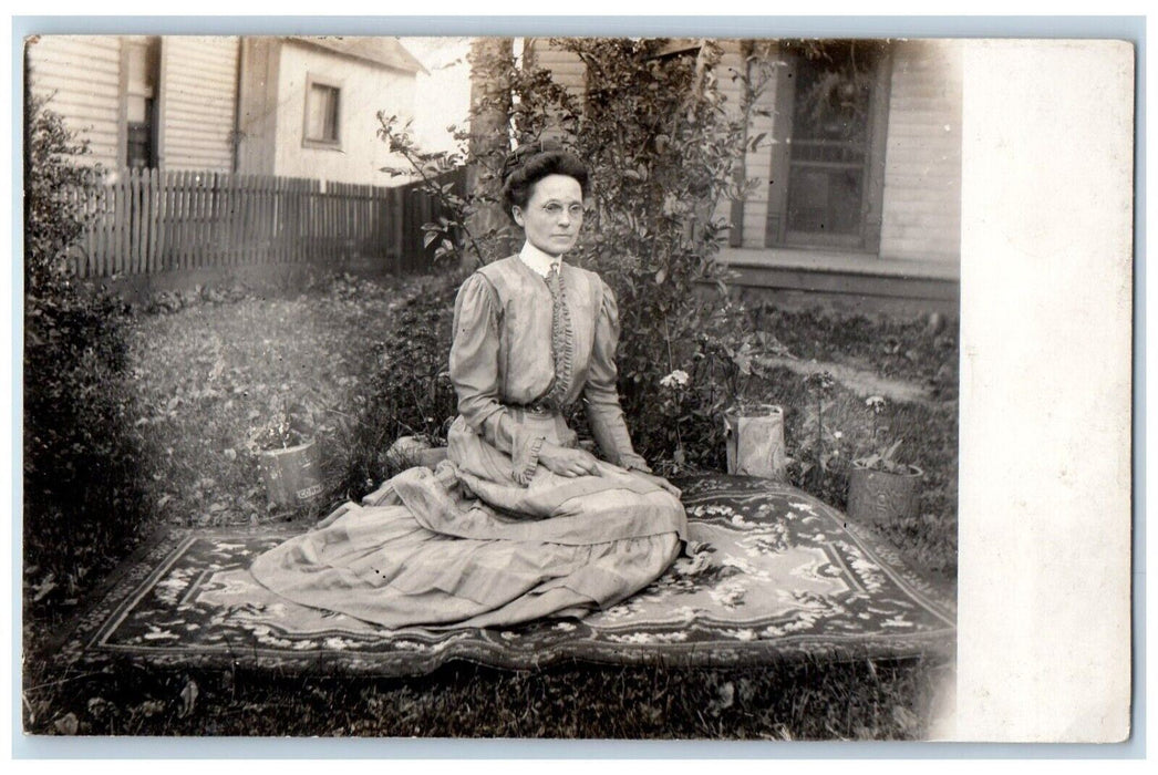 c1920's Candid Woman Picnic Flowers Dress Glasses Rug  RPPC Photo Postcard