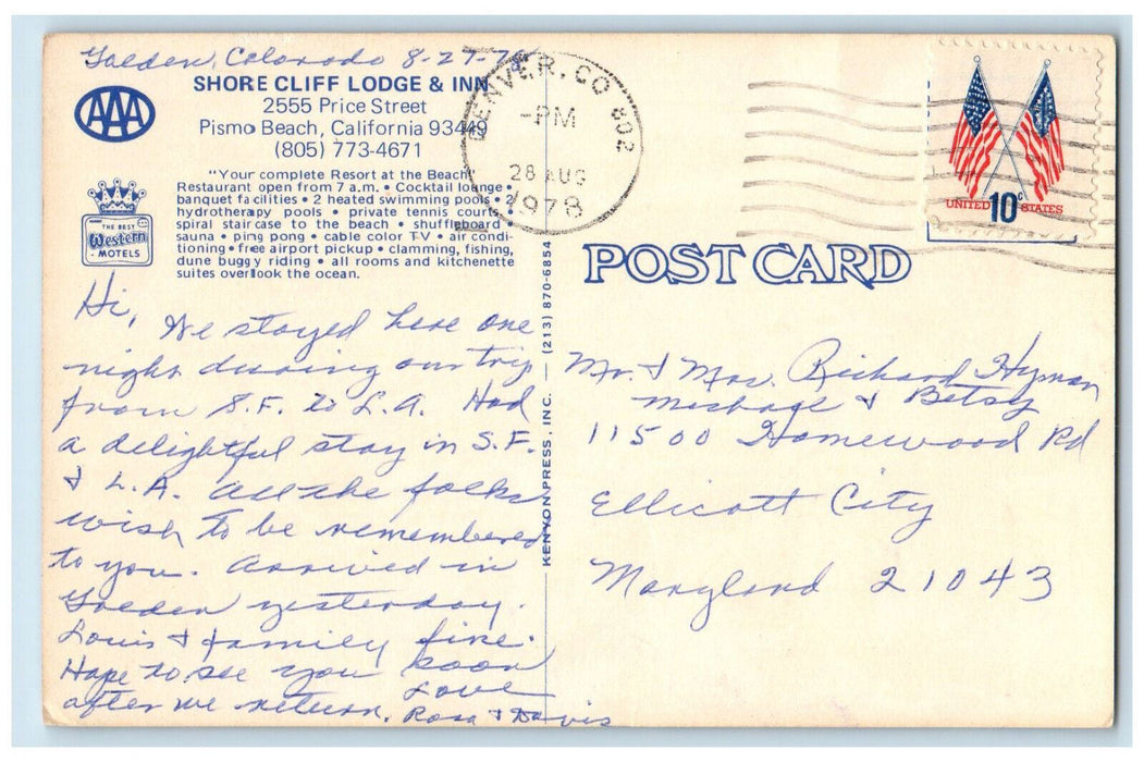 1978 Bird's Eye View Shore Cliff Lodge & Inn Pismo Beach California CA Postcard