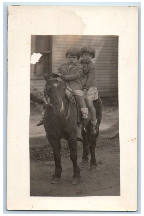 c1930's Candid Children Girls Horseback Horse Saddle RPPC Photo Postcard