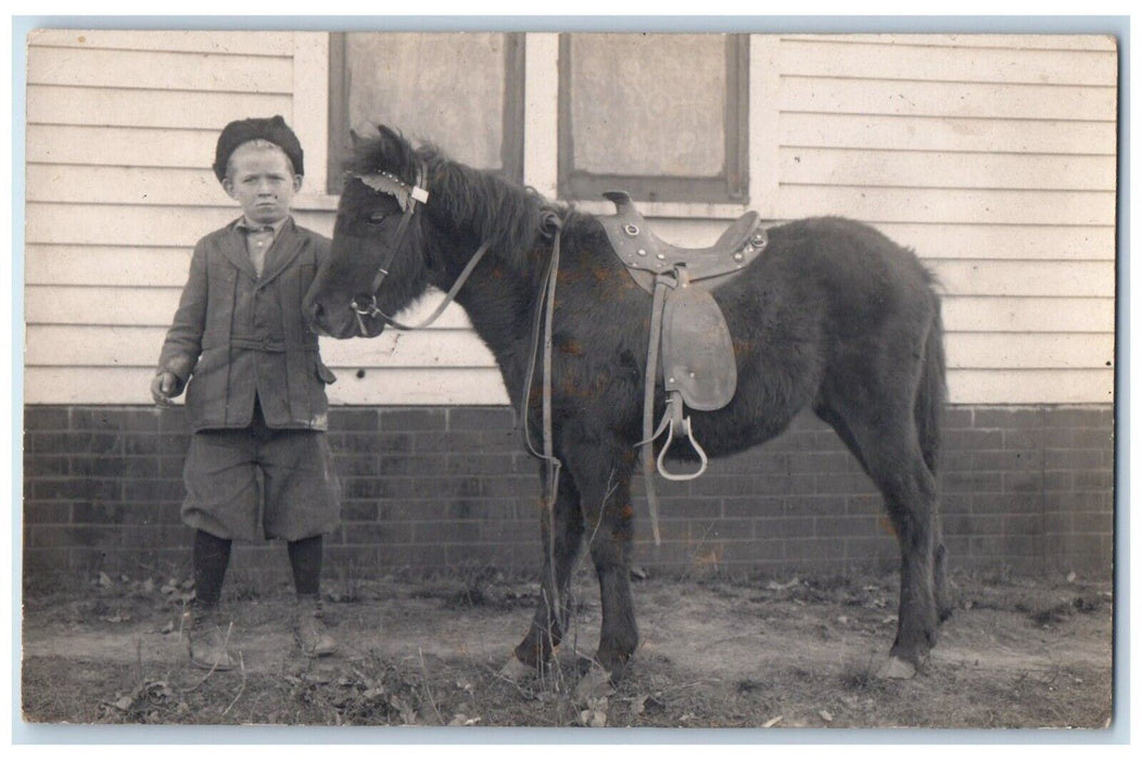 c1910's Candid Boy Child Horse Saddle Cap RPPC Photo Unposted Postcard