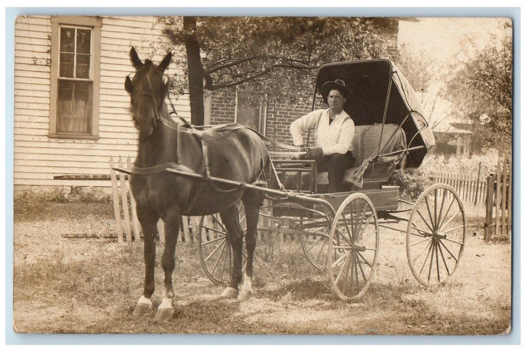 c1910's Candid Man Rider Driver Horse Carriage RPPC Photo Unposted Postcard