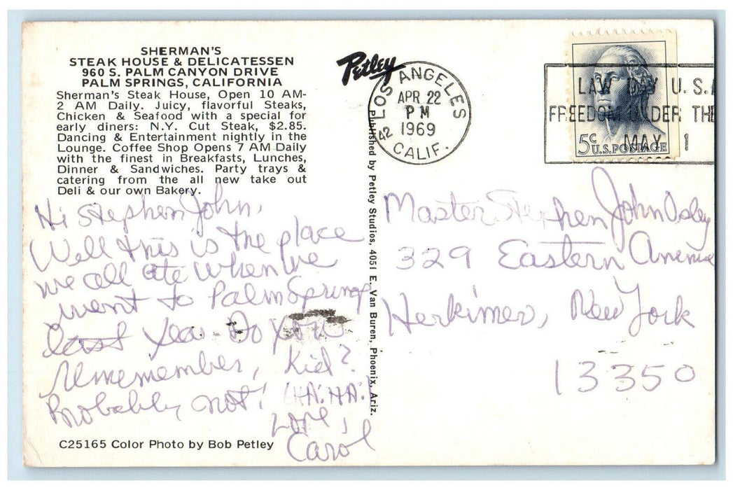 1969 Sherman's Steak House & Delicatessen Palm Springs California CA Postcard