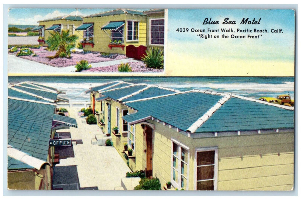 Blue Sea Motel Ocean Front Walk Pacific Beach California CA Dual View Postcard