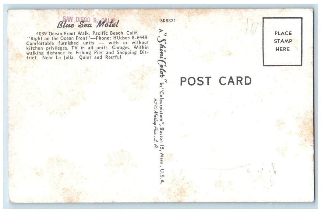 Blue Sea Motel Ocean Front Walk Pacific Beach California CA Dual View Postcard