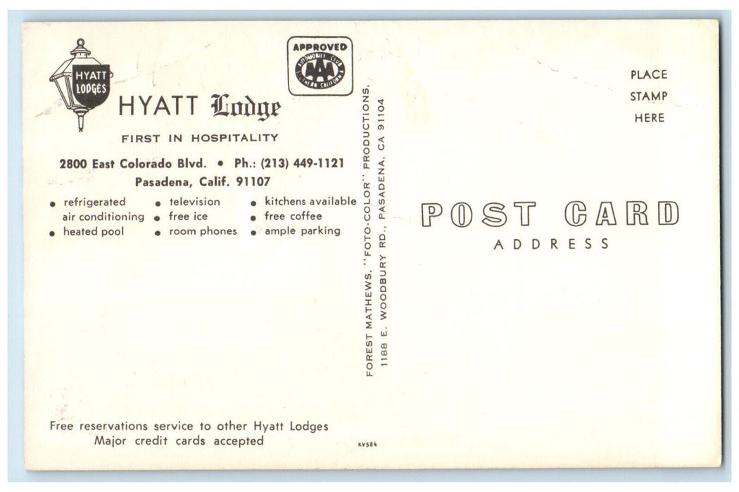 Entrance To Hyatt Lodge Motel Pasadena California CA, Cars Street View Postcard