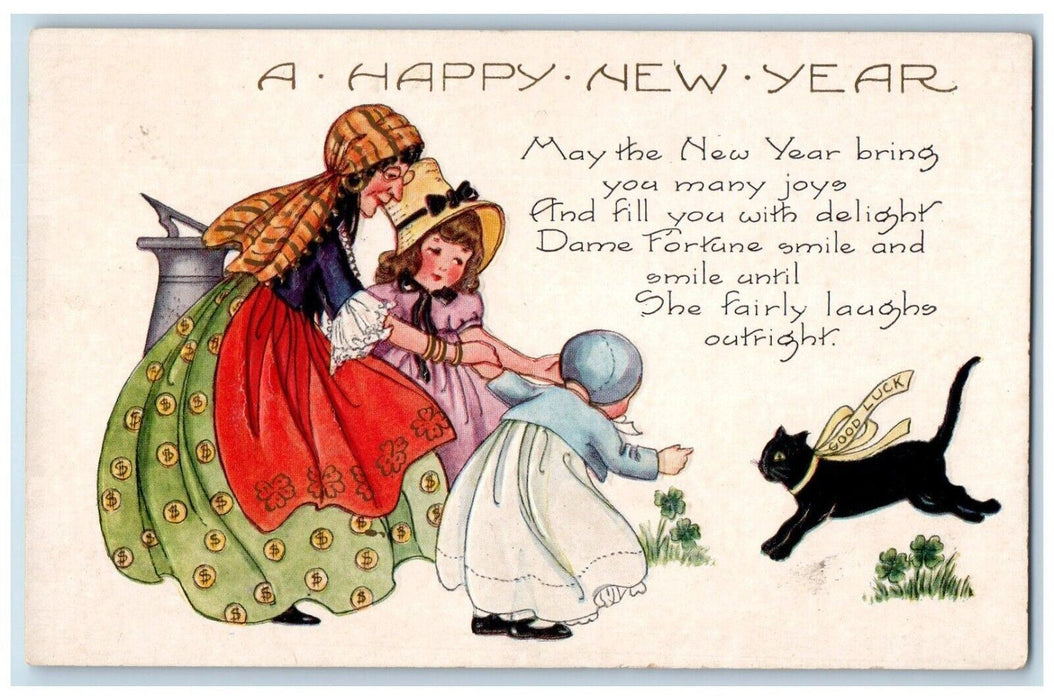 1926 Happy New Year Good Luck Black Cat Children Clover Embossed Posted Postcard