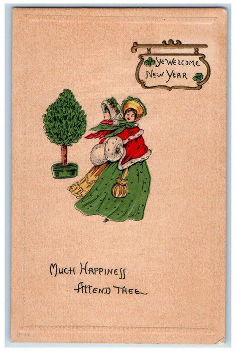 1912 New Year Pretty Woman Handwarmer Pouch Tree Nash Embossed Antique Postcard