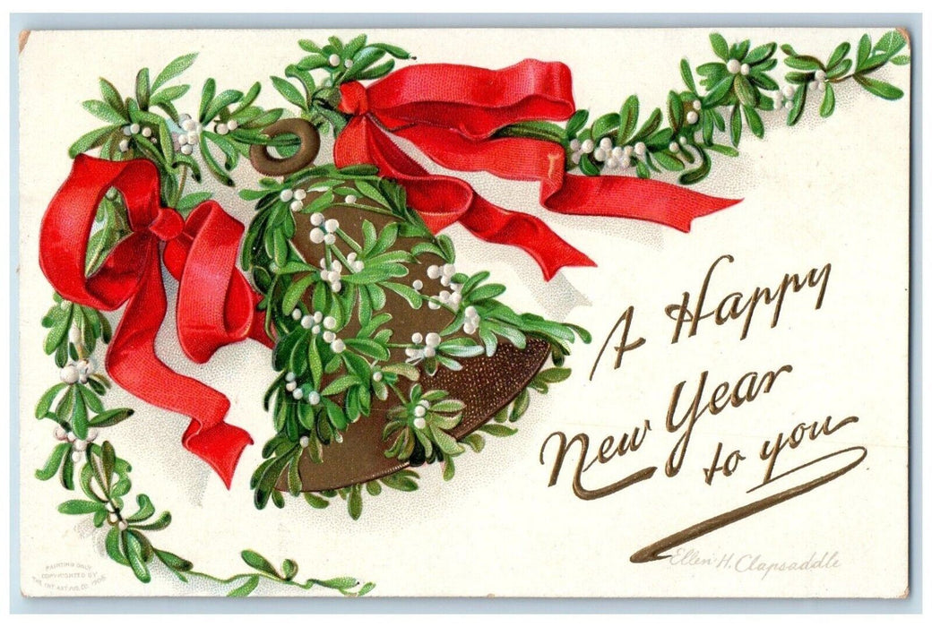 c1910's New Year Ringing Bell Covered Mistletoe Red Ribbon Embossed Postcard