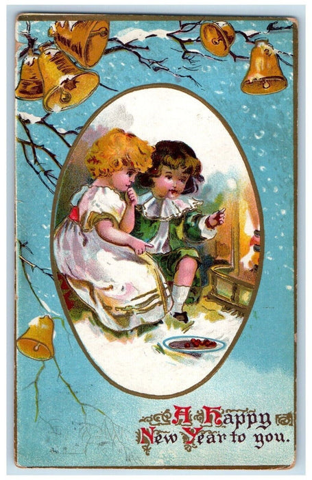 1908 New Year Children Eating Ringing Bells Embossed Waren County PA Postcard