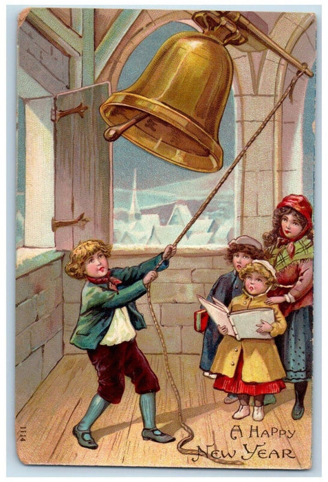 c1910's Happy New Year Boy Ringing Bell Tower Embossed Poste Antique Postcard