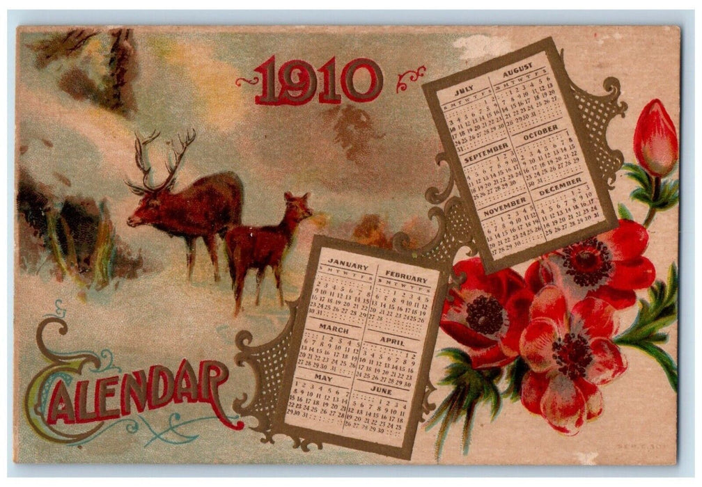 c1910's Deer Winter Calendar Red Flowers Embossed Posted Antique Postcard