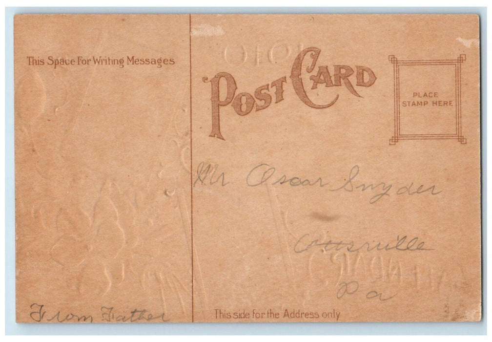 c1910's Deer Winter Calendar Red Flowers Embossed Posted Antique Postcard