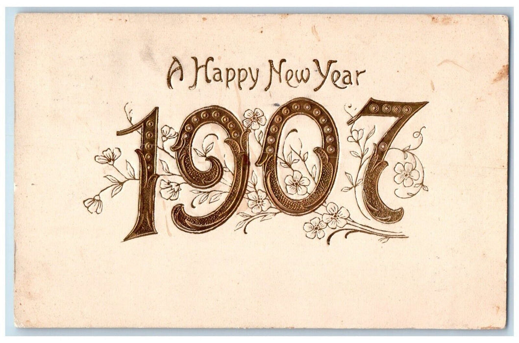 1907 Happy New Year Large Numbers Flowers Embossed Newark NJ Antique Postcard