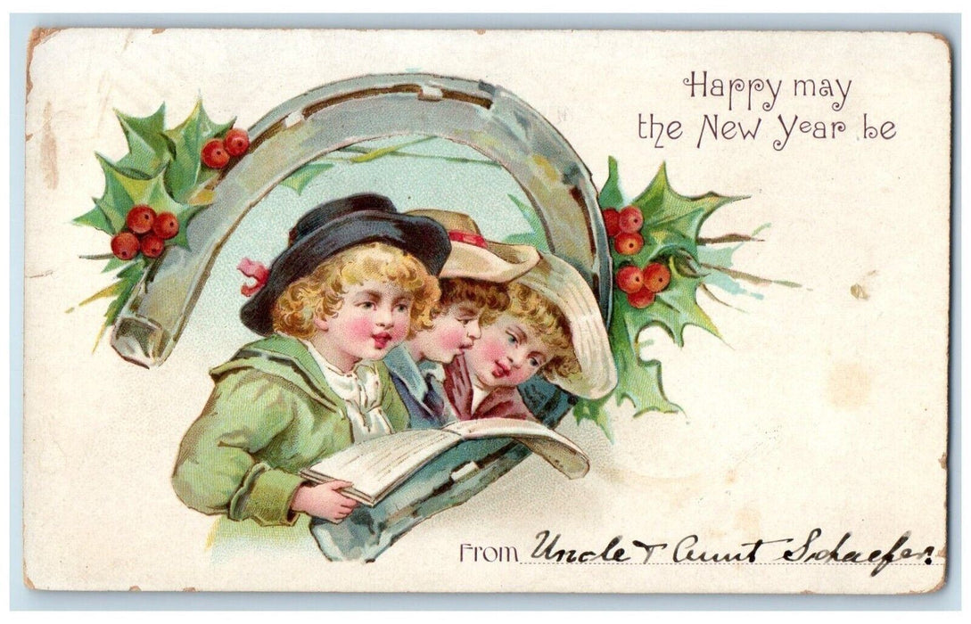 1905 New Year Boys Carol Horsehoe Holly Berries Great Barrington MA Postcard