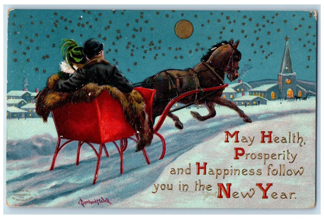 c1910's New Year Couple Horse Sleigh Winter Houses Church Clapsaddle Postcard