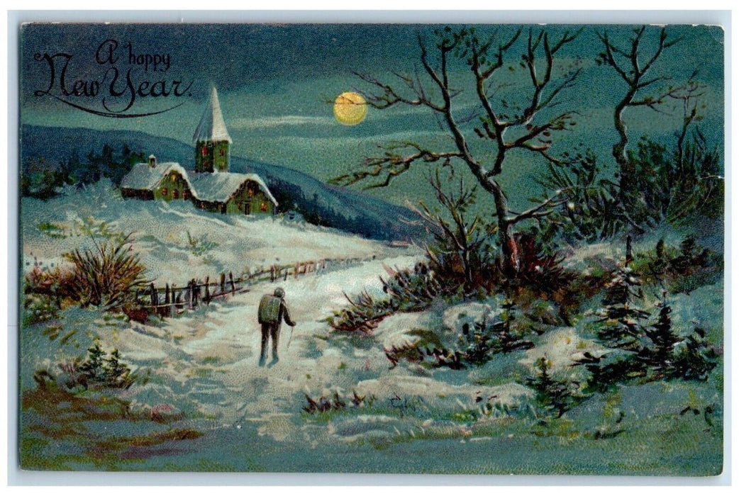 1908 New Year Man Going Back Home Winter Moon Embossed Philadelphia PA Postcard