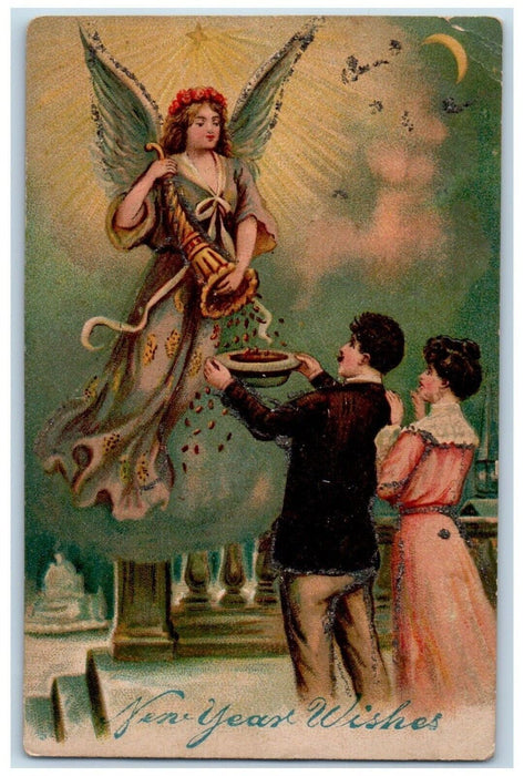 c1910's Happy New Year Angel Cornucopia Nuts Couple Crescent Embossed Postcard